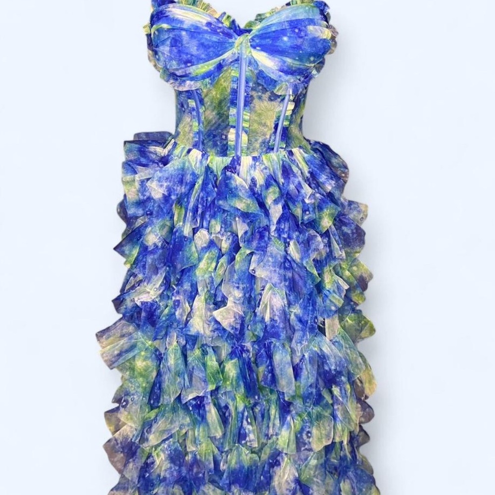 Elegant Blue and Green Ruffle Dress
